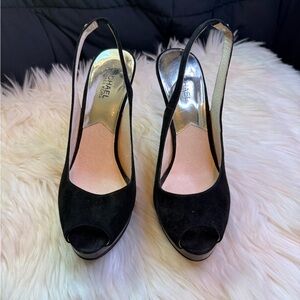 Michael Kors black suede peep-toe slingback high heels Sz 9.5